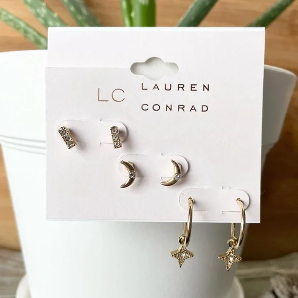 NWT LC LAUREN CONRAD Moon stud star hoop stud earrings, three pairs included - Picture 1 of 10